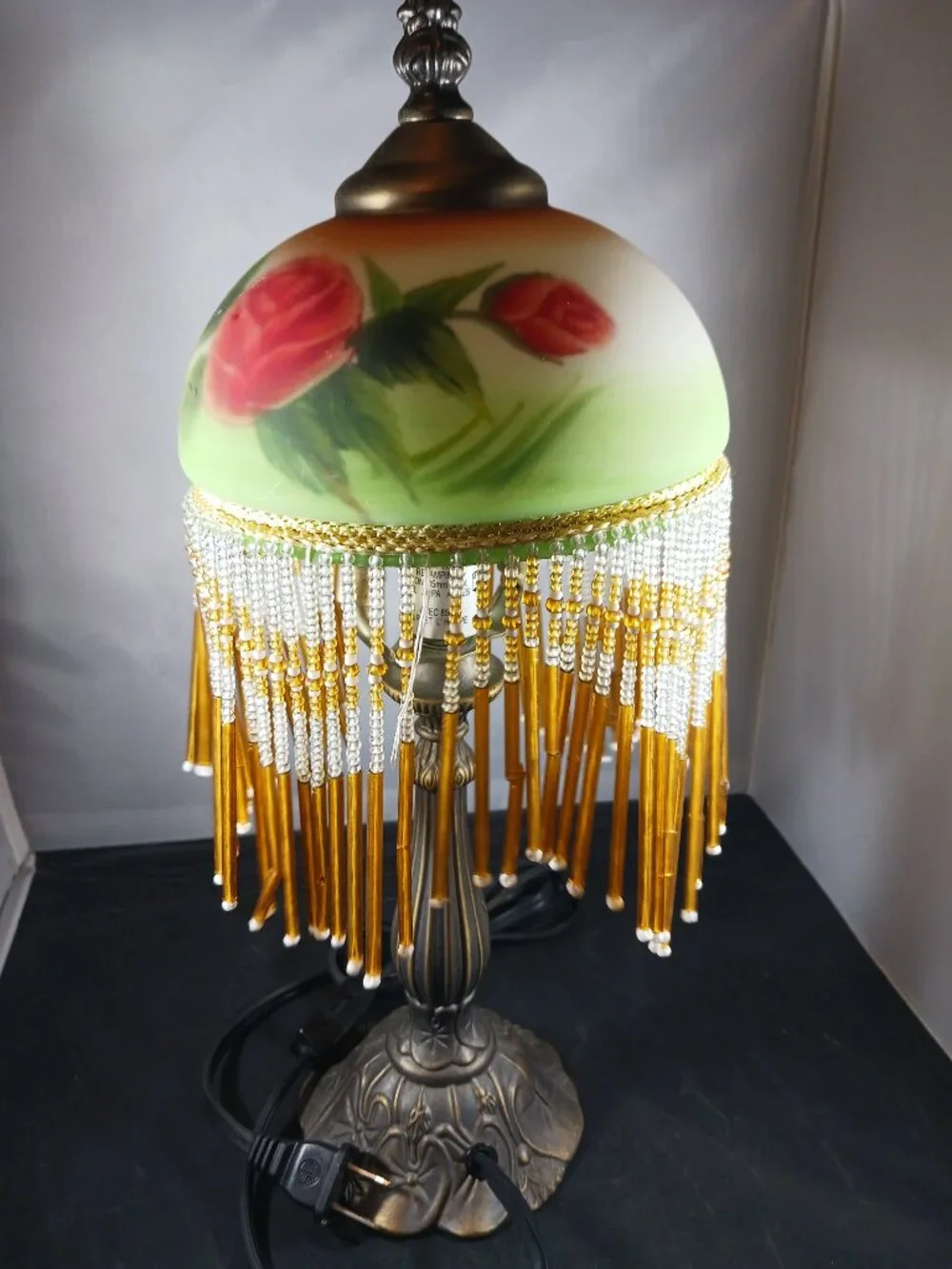 Vintage Floral Table Lamp with Beaded Fringe Tiffany Style Hand Painted Shade